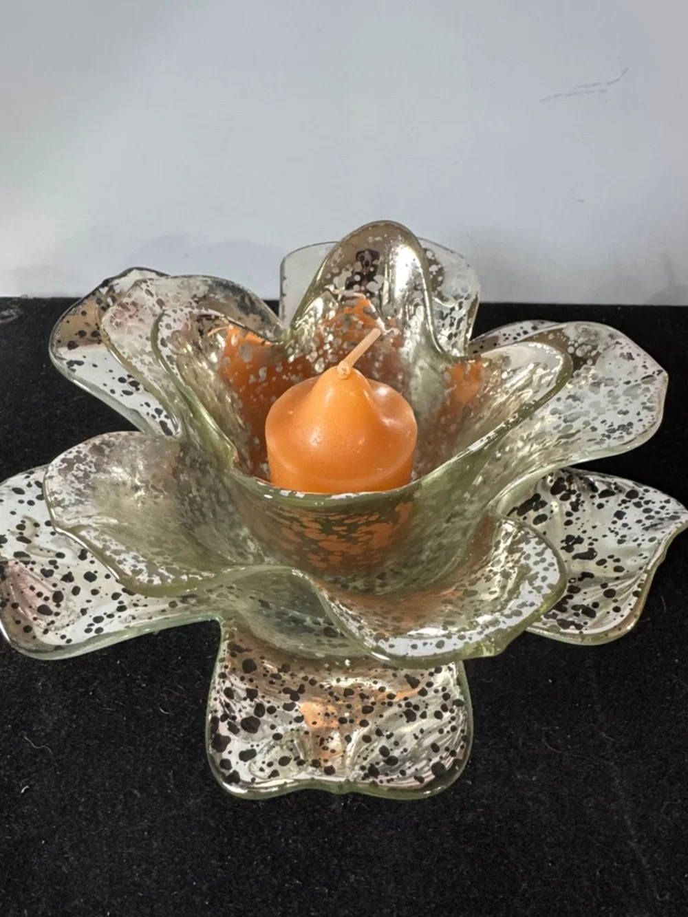 Vintage 2 piece Petal Glass Votive Candle Holder: Silver Splatter Paint Diameter